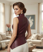 Comprar blusa elegante feminina assimétrica couro sintético gola alta social festa escritório moderna sofisticada barato